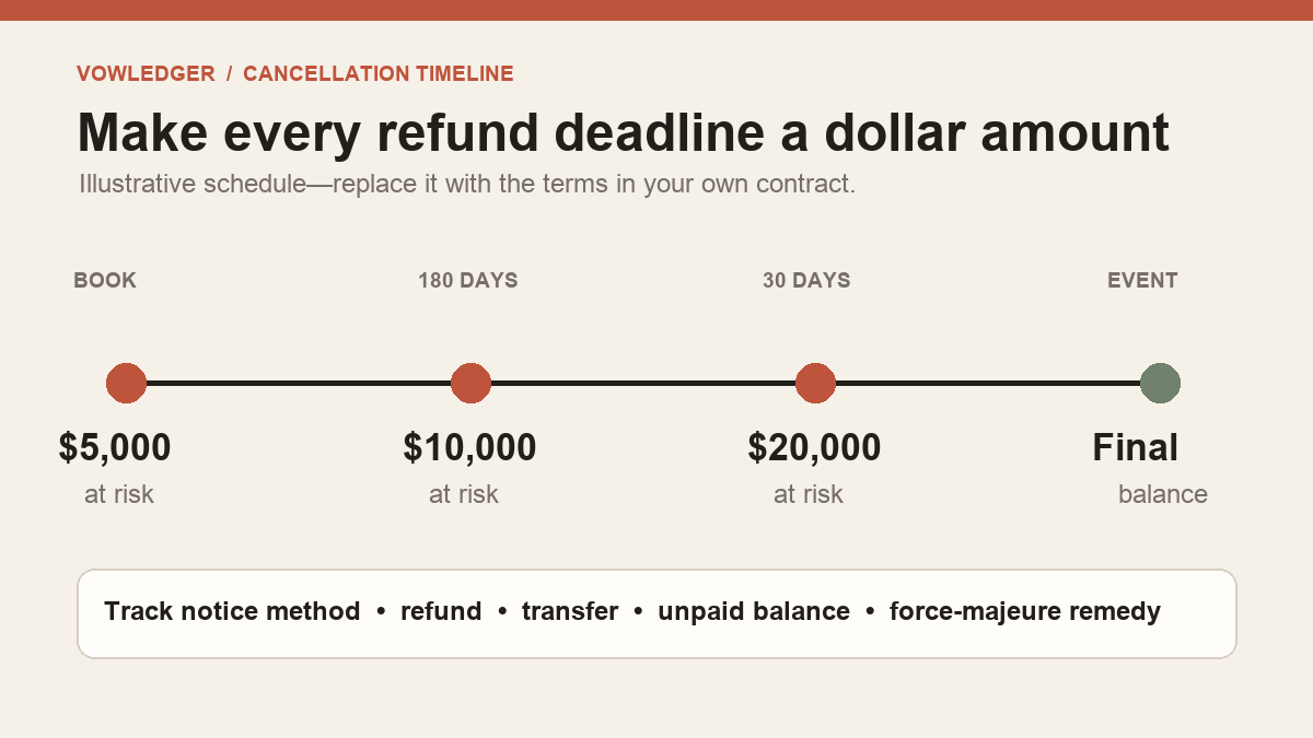Illustrative wedding venue cancellation timeline showing how the amount at risk can increase at payment and refund deadlines.