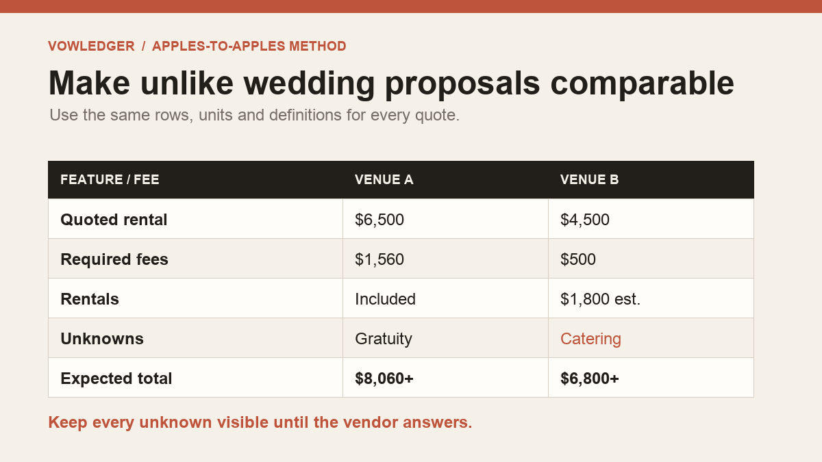 Apples-to-apples wedding quote matrix comparing rental, required fees, included items, unknowns and expected total.